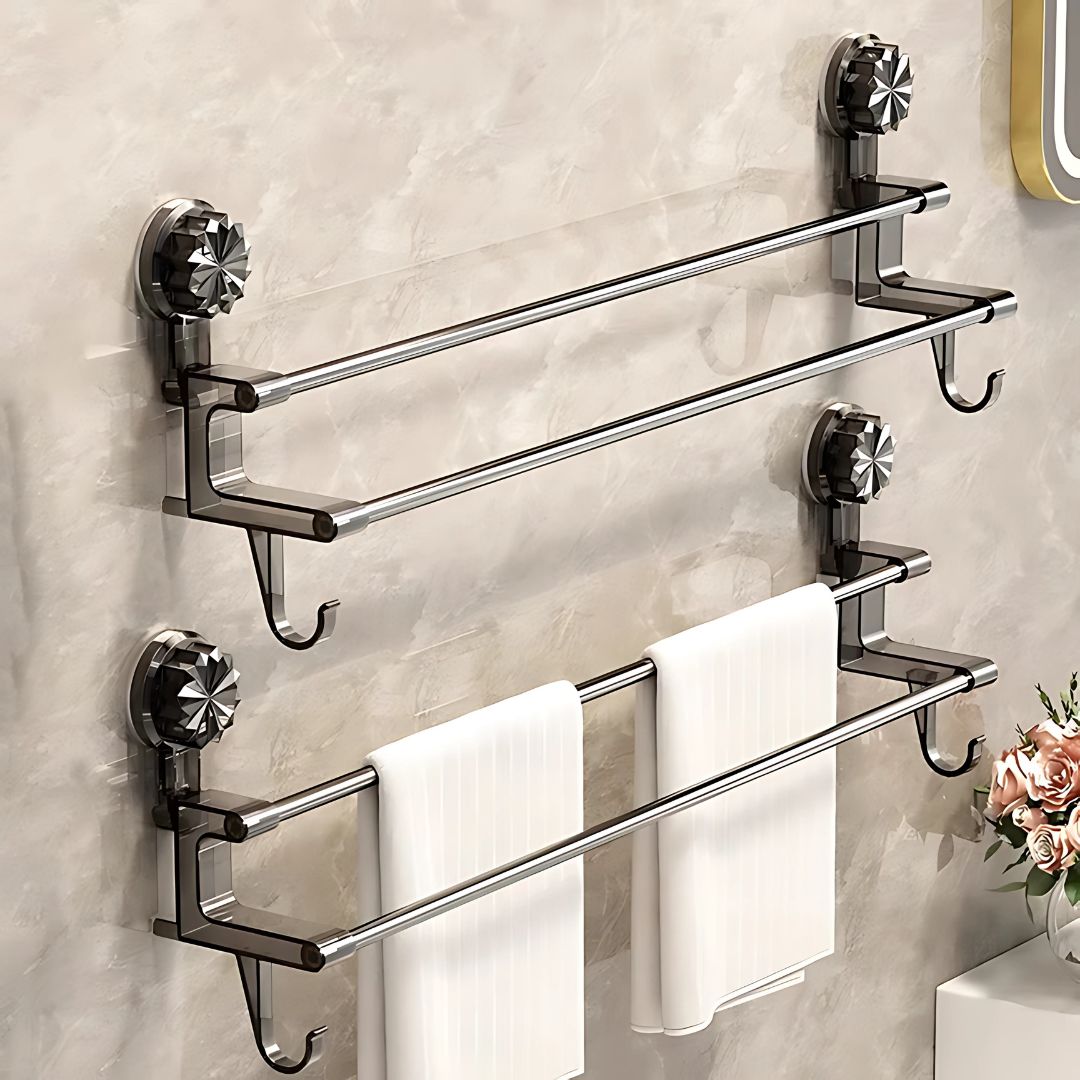 No-Drill Bathroom Towel Rack – Suction Cup Double Rod Wall Shelf for Towels & Clothes