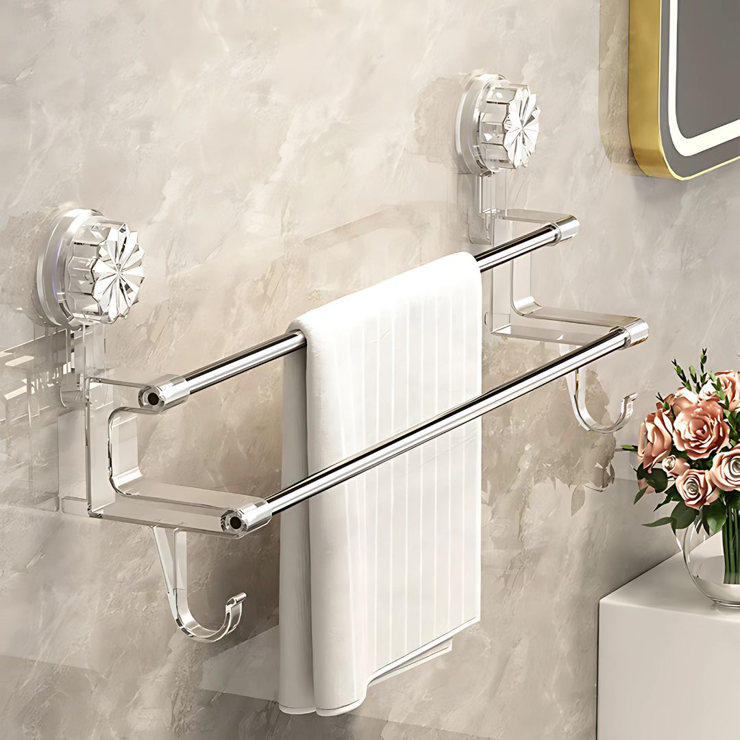 No-Drill Bathroom Towel Rack – Suction Cup Double Rod Wall Shelf for Towels & Clothes