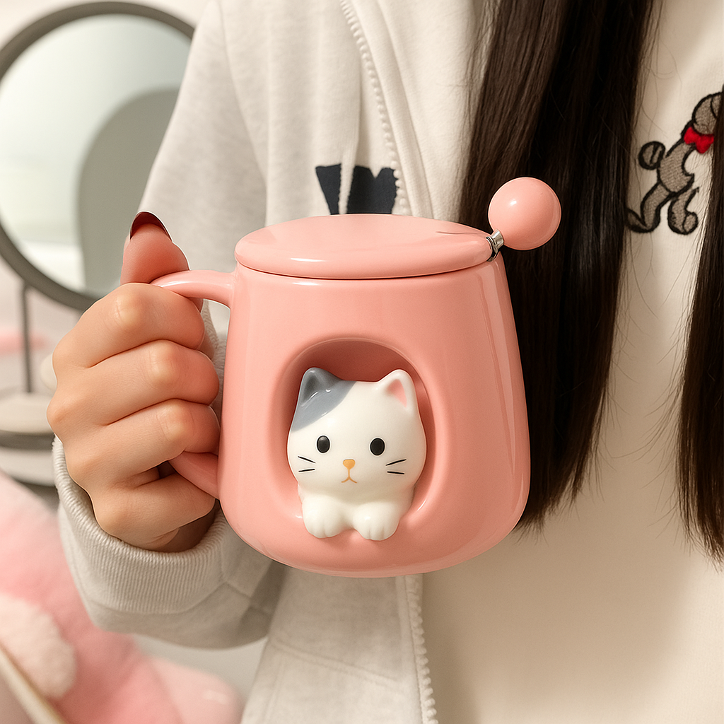 Cat Ceramic Mug with Lid