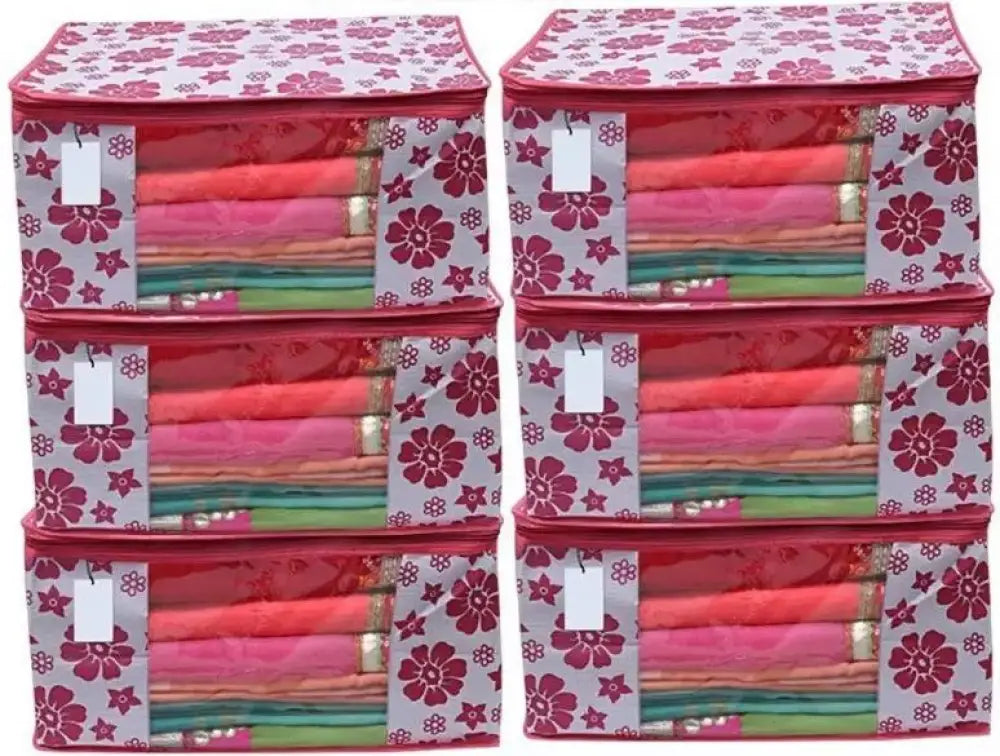 Polka Pink Flower Saree & Clothing Cover | Non-Woven Fabric Wardrobe Organizer (Pack of 6)