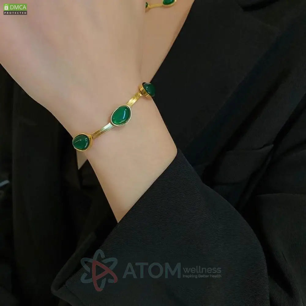 Stunning Green Crystal & Gold Plated Necklace Bracelet Set | Stainless Steel Casual Wear Jewelry for Her