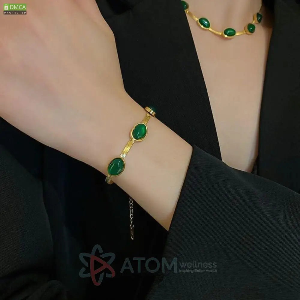 Stunning Green Crystal & Gold Plated Necklace Bracelet Set | Stainless Steel Casual Wear Jewelry for Her