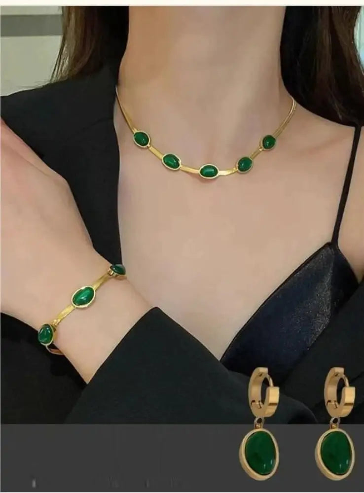 Stunning Green Crystal & Gold Plated Necklace Bracelet Set | Stainless Steel Casual Wear Jewelry for Her